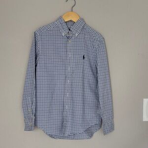 Ralph Lauren Boys Light Blue & Navy Checkered Button Down Shirt Blue Pony  S8